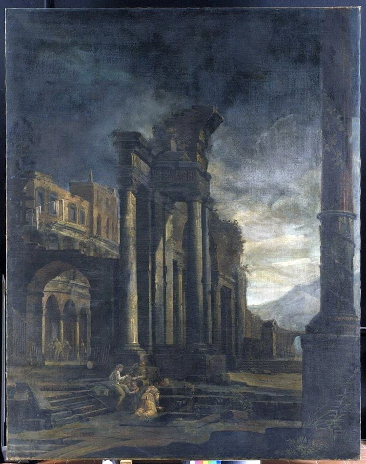 BOLOGNA VEDUTA FANTASTICA CON ROVINE CLASSICHE EPERSONAGGI POPOLARI - attribuito